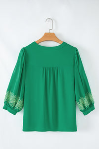 Green Floral 3/4 Sleeve Notched V Neck Blouse