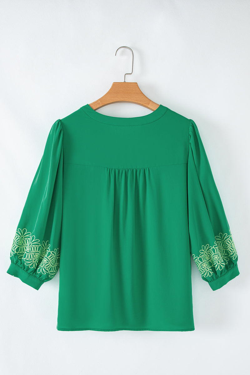 Green Floral 3/4 Sleeve Notched V Neck Blouse