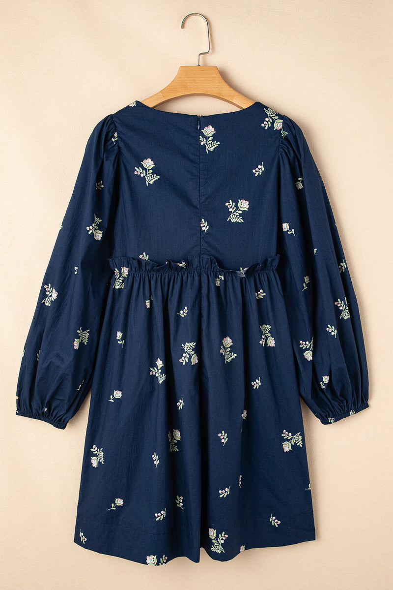 Blue Floral Embroidered Puff Sleeve Babydoll Dress