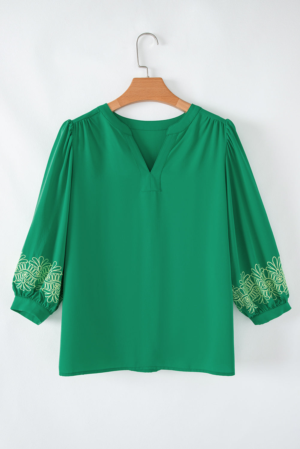 Green Floral 3/4 Sleeve Notched V Neck Blouse