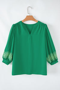 Green Floral 3/4 Sleeve Notched V Neck Blouse