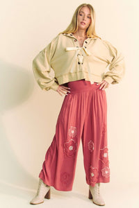 Smocked Waist Flower Patch Wide Leg Pants