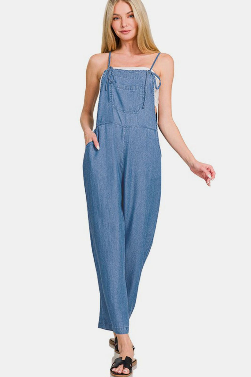 Washed Adjustable Strap Wide Leg Denim Overalls