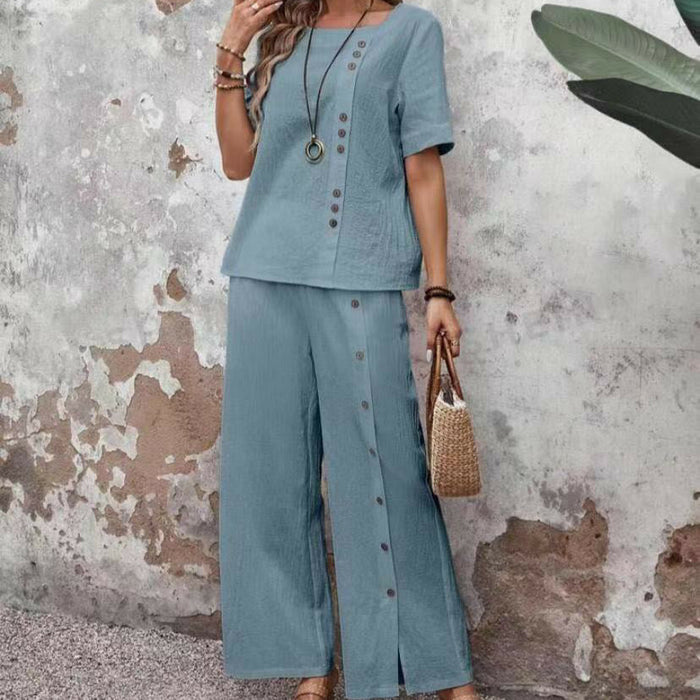 Women’s Button-Up Top and Loose Fit Two Piece Linen Set