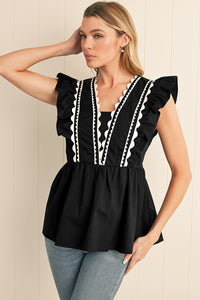 Black Ricrac V Neck Ruffle Sleeveless Blouse