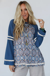 Blue Boho Geometric Print Lace Ricrac Raglan Sleeve Blouse