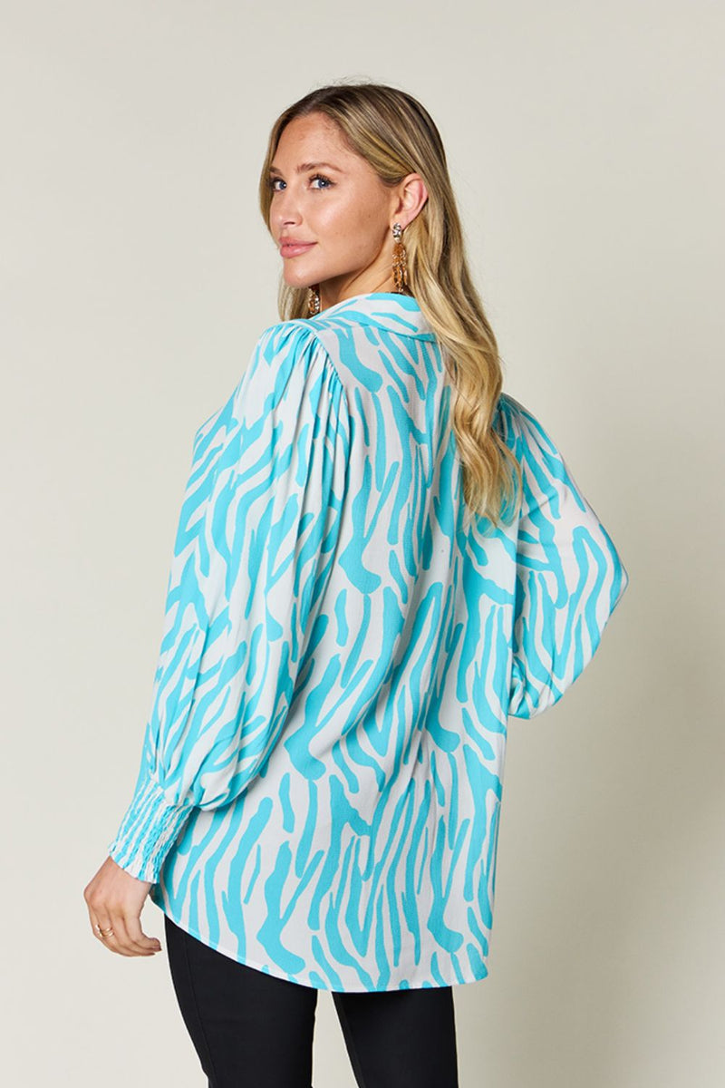 Double Take Printed Smocked Long Sleeve Blouse