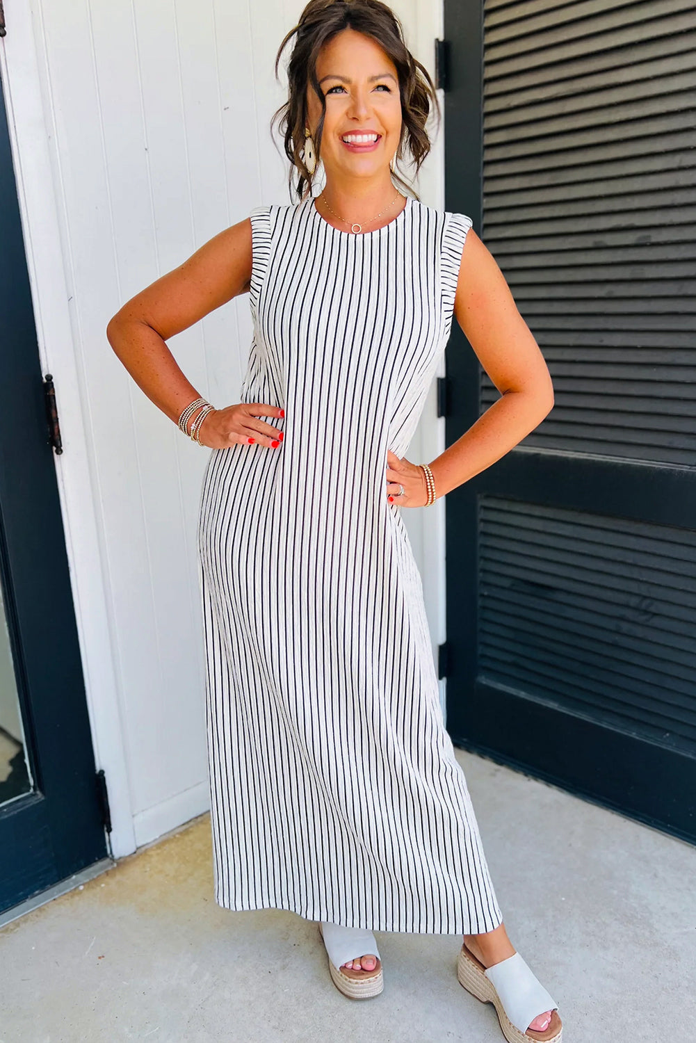 Black White Striped Round Neck Maxi Vest Dress