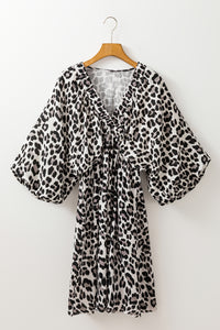 Pink V Neck 3/4 Puff Sleeve Leopard Print Dress