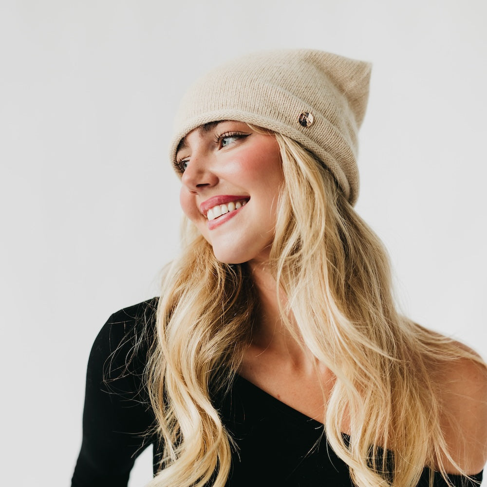 Cable Rolled Edge Cashmere Beanie