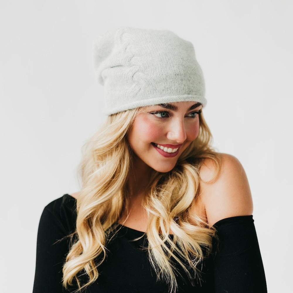 Cable Rolled Edge Cashmere Beanie