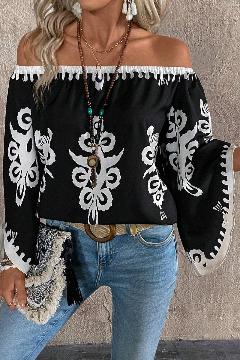 Black Abstract Print Off Shoulder Flounce Sleeve Blouse