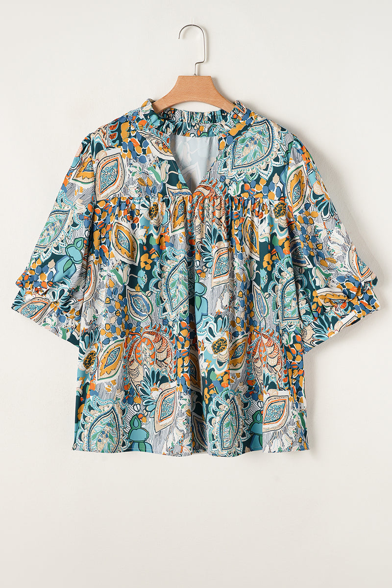 Multicolor Bohemian Abstract Print V Neck Blouse