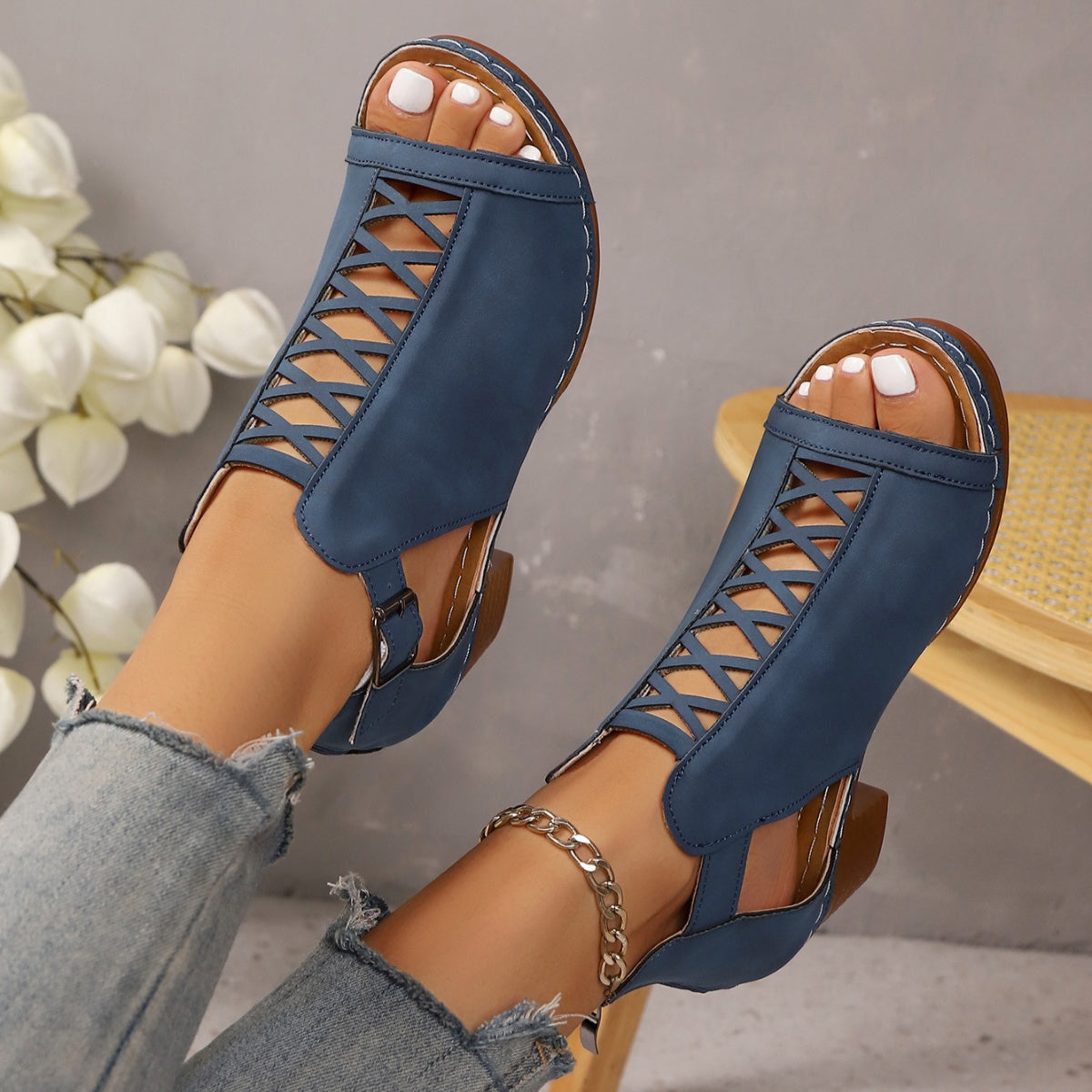 Open toe block heel sandals by Trendsi, stylish shoes with a chunky heel and open toe design for summer wear.