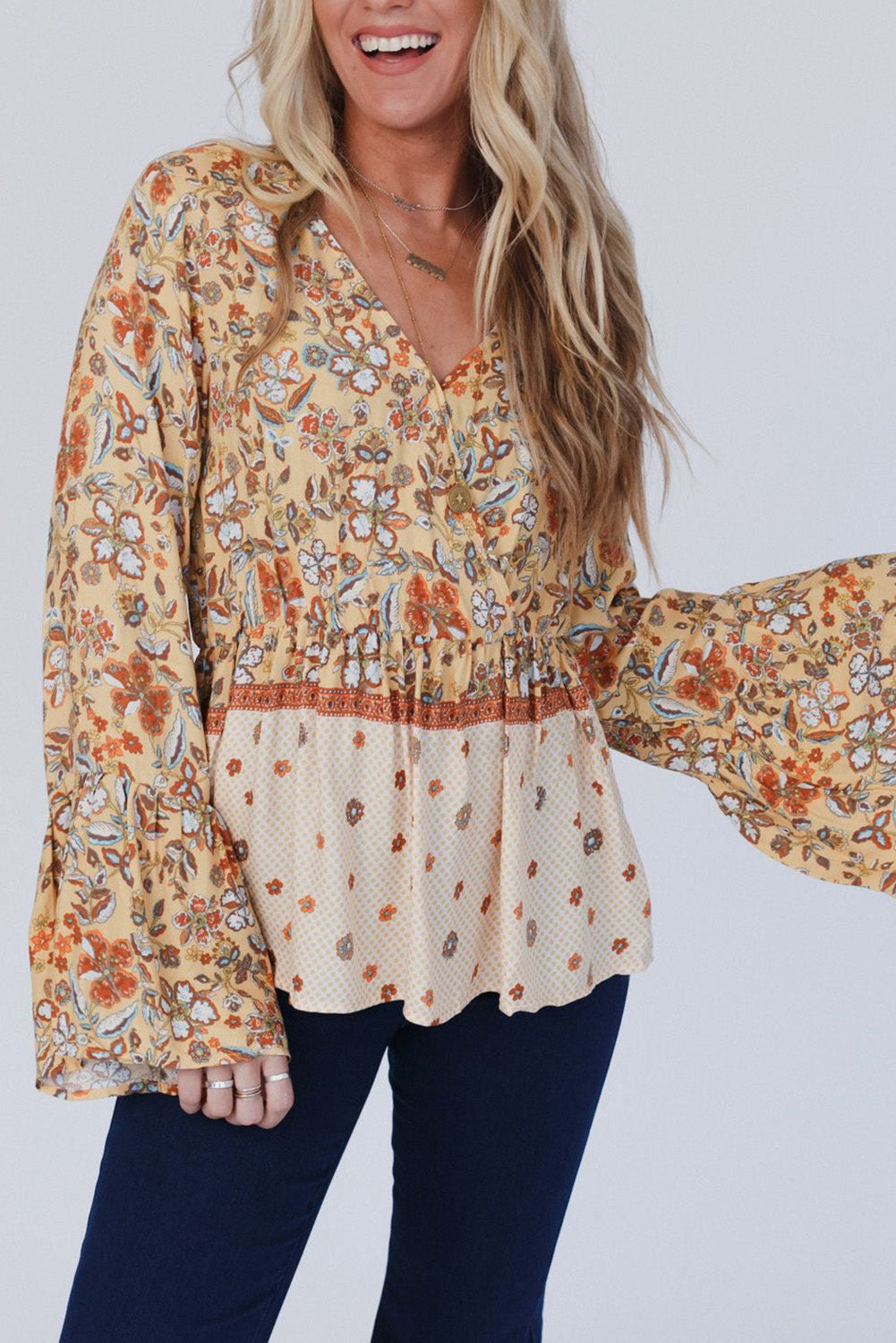 Yellow Floral V Neck Bell Sleeve Peplum Blouse