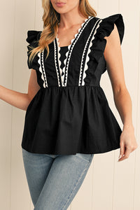 Black Ricrac V Neck Ruffle Sleeveless Blouse