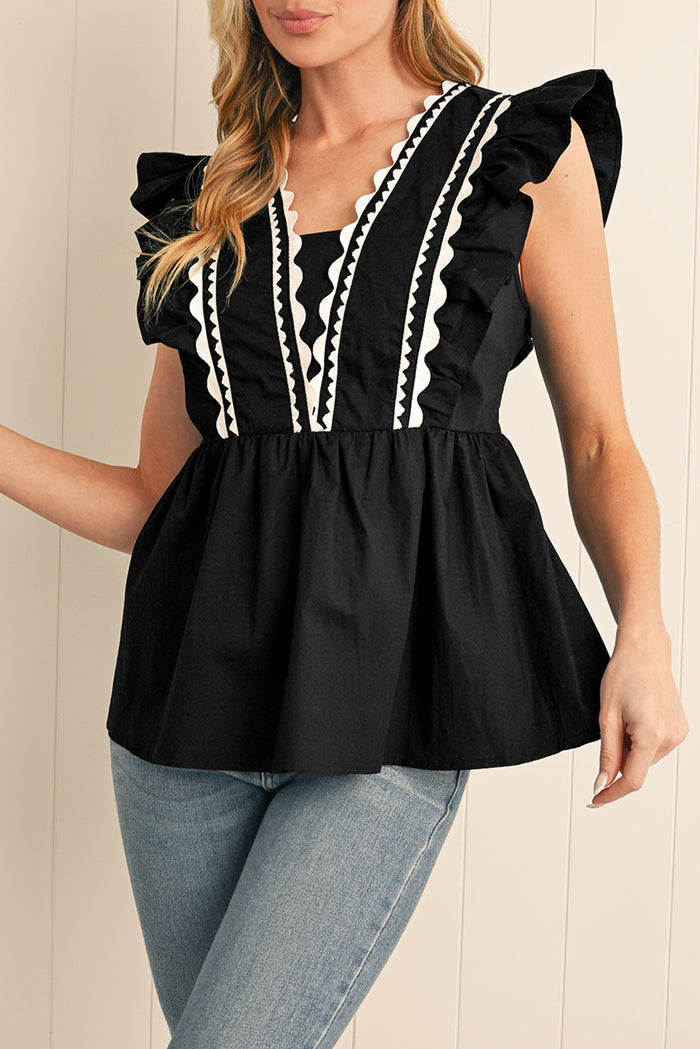 Black Ricrac V Neck Ruffle Sleeveless Blouse