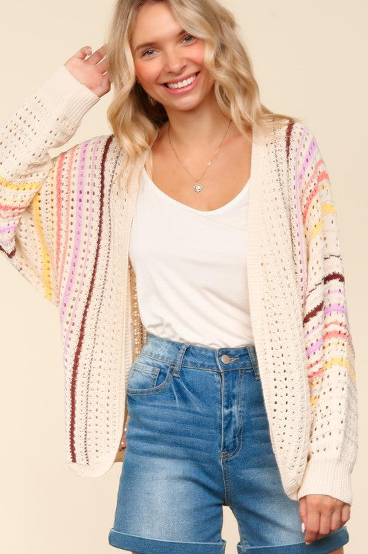 Haptics Striped Crochet Open Front Cardigan