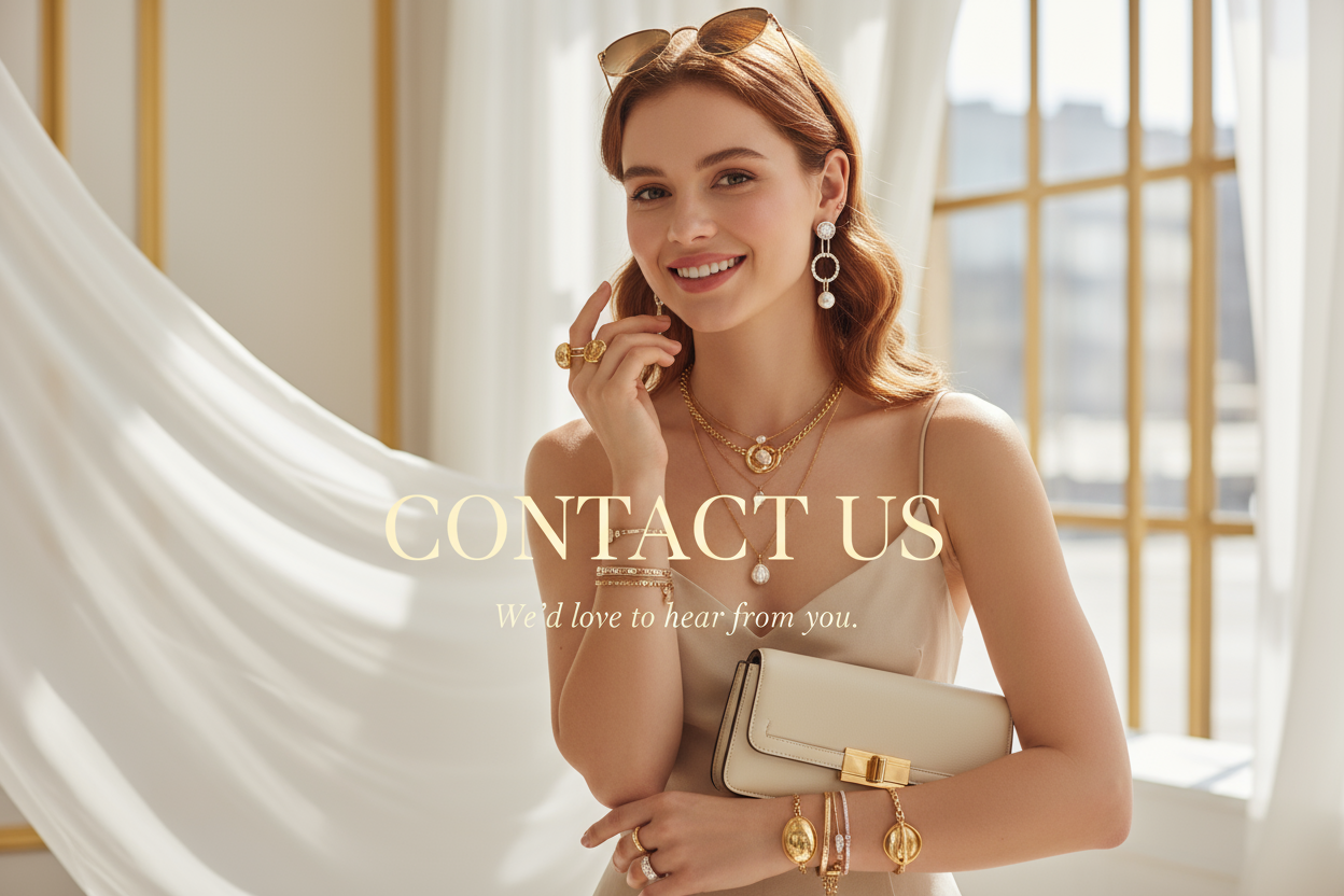 Contact Us with fashionable woman wearing jewelry
