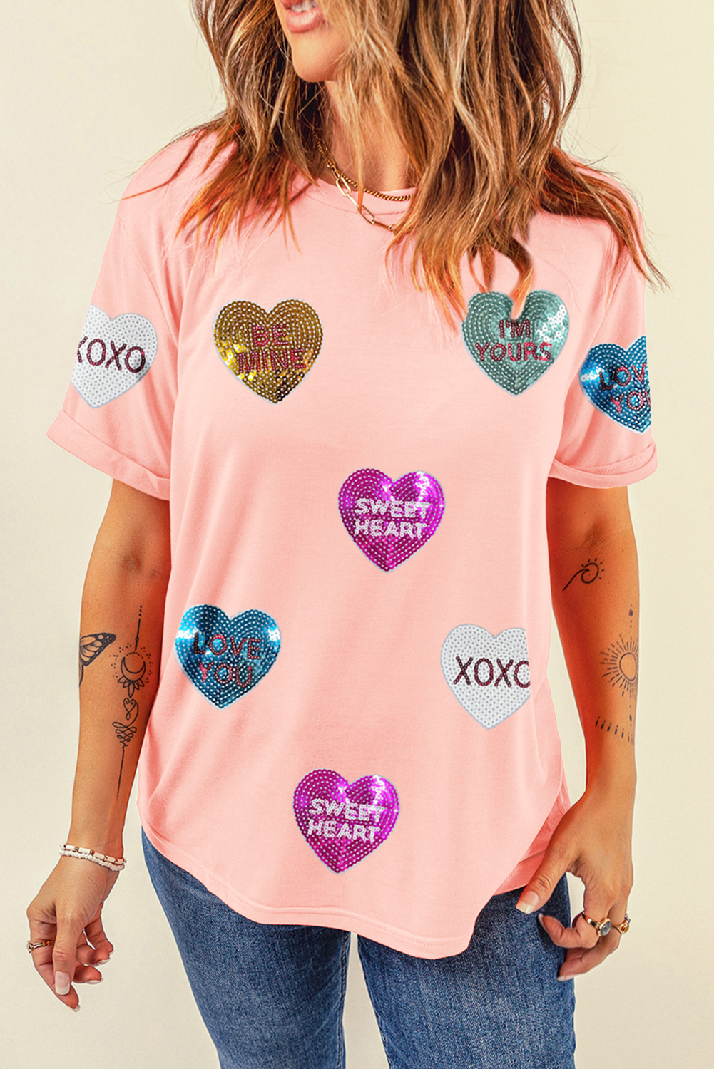 Pink Sequin Valentines Heart Patched Graphic Crewneck T Shirt