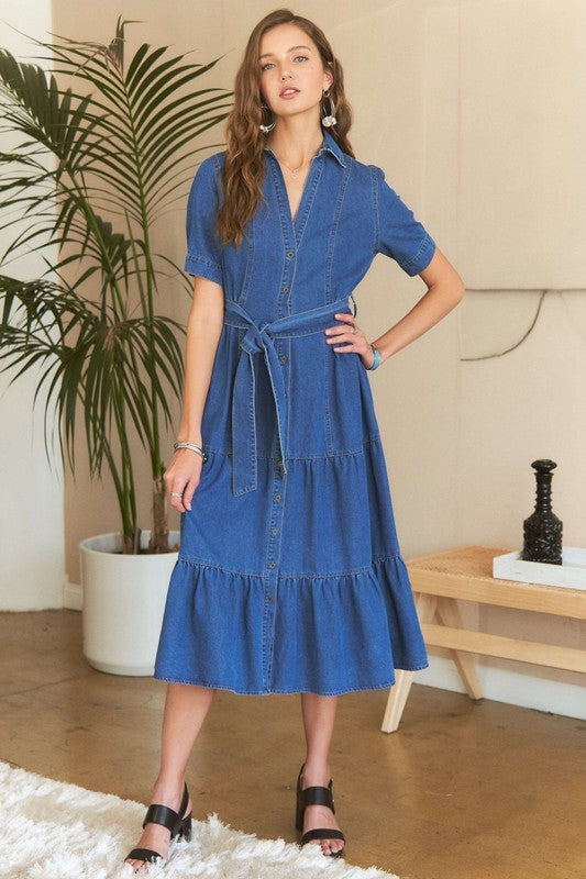 Tiered Button Down Tie Waist Short Sleeve Denim Dress