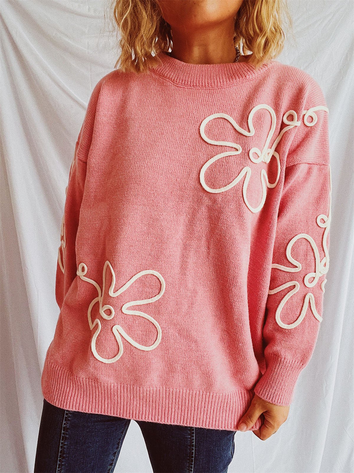 Flower Round Neck Long Sleeve Sweater