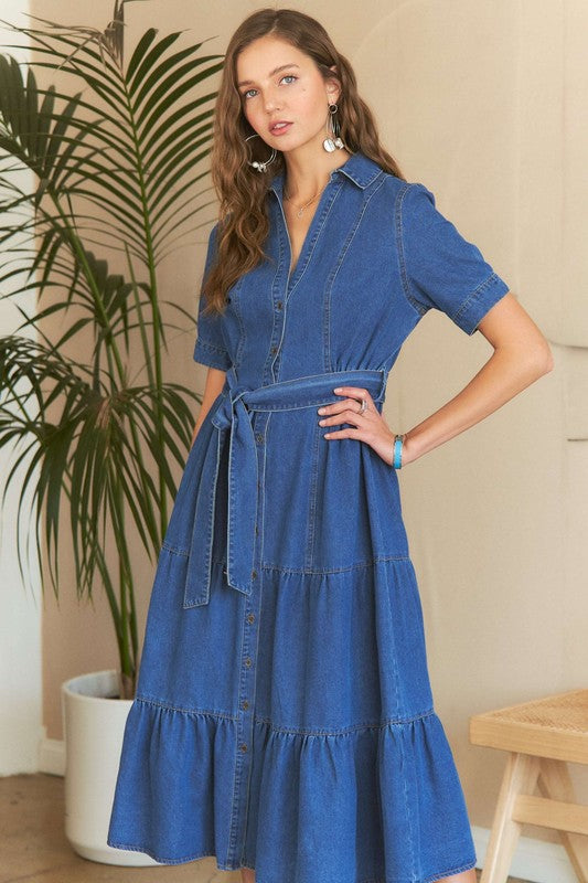 Tiered Button Down Tie Waist Short Sleeve Denim Dress