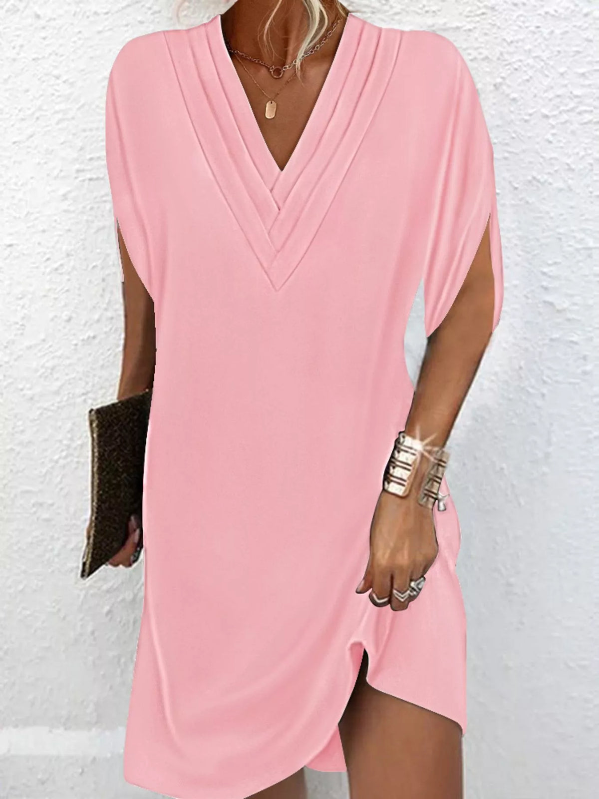 Plus size Trendsi full size mini dress featuring a V-neck and slit sleeves in a stylish design.