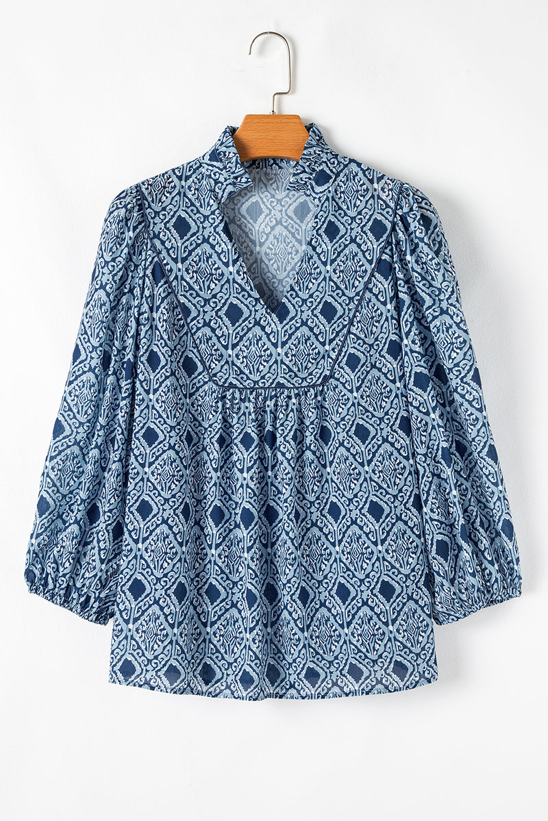 Sky Blue Ethnic Geometric Print Frill Neck Loose Fit Blouse