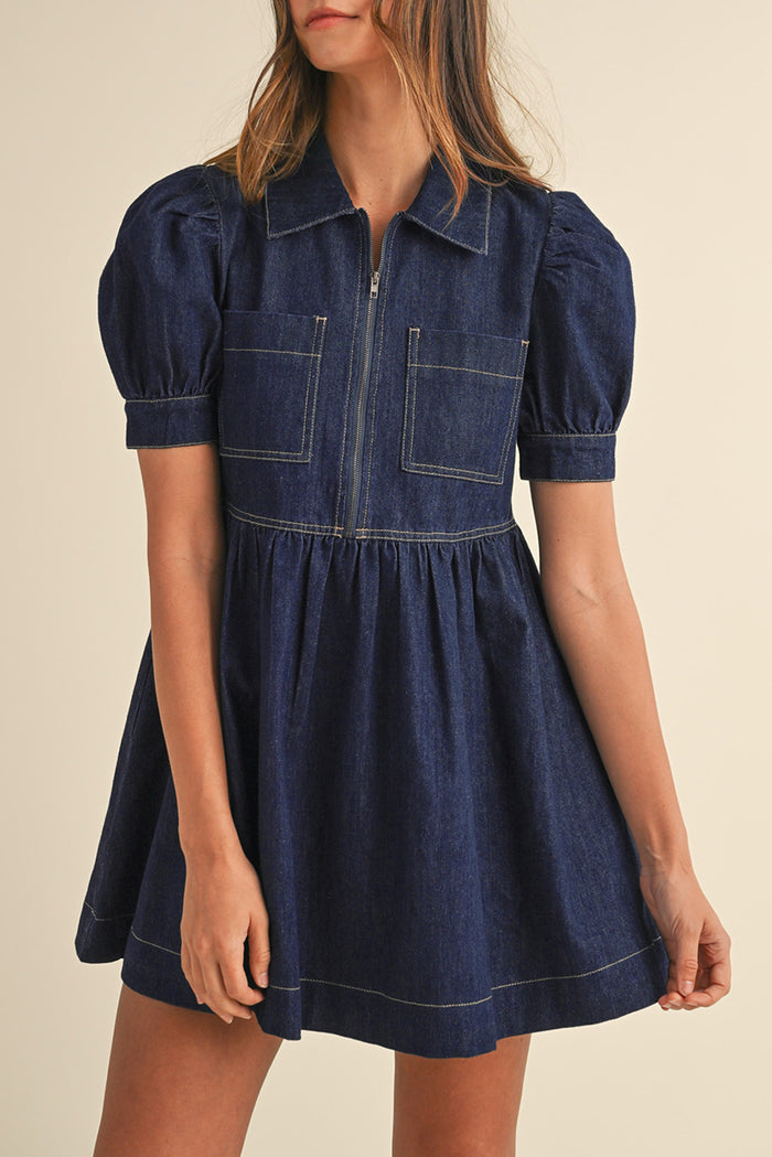 Dirty Blue Puff Sleeve Half Zipper Denim Flowy Dress