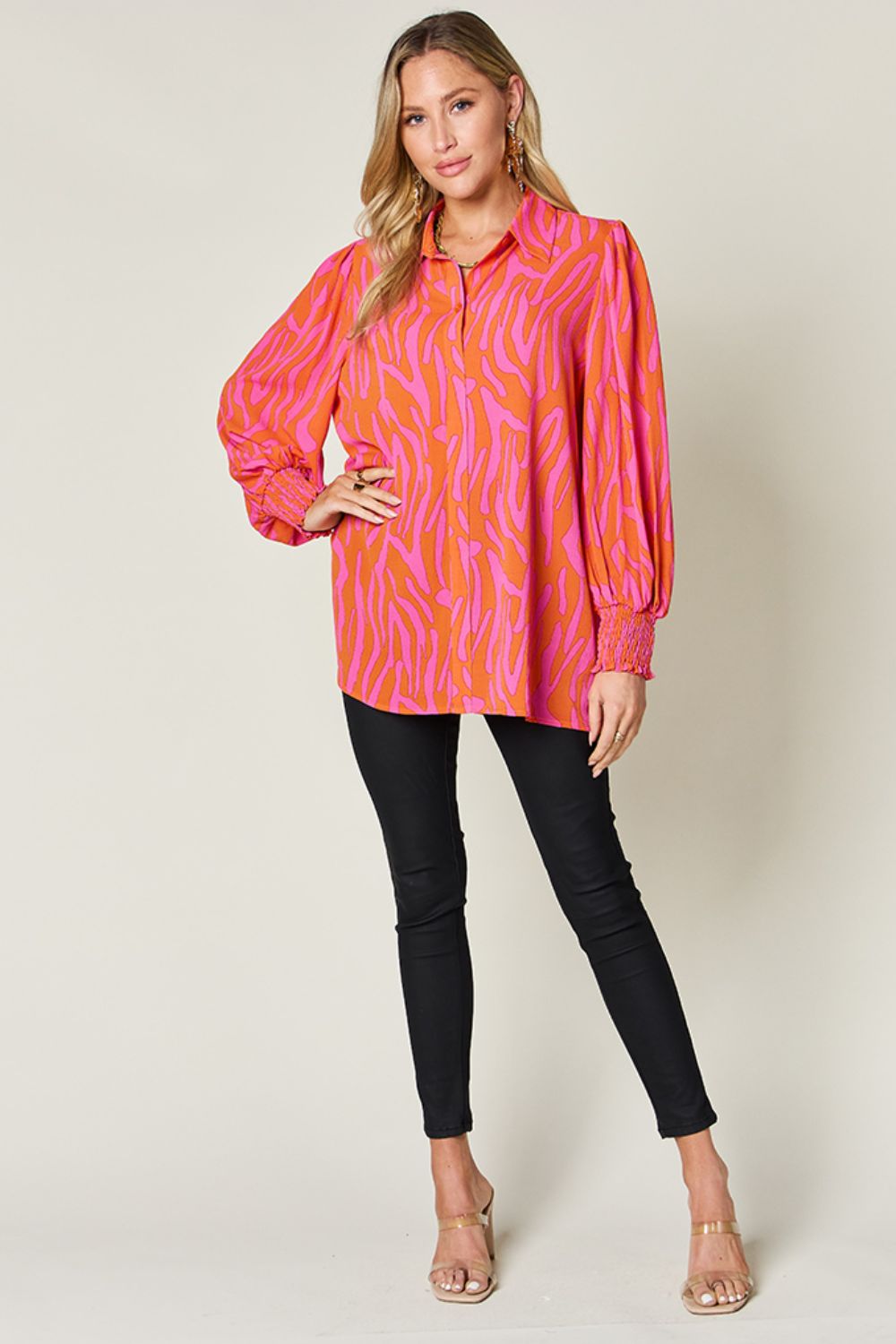 Double Take Printed Smocked Long Sleeve Blouse