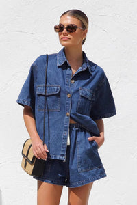 Collared Neck Button Up Top and Shorts Denim Set