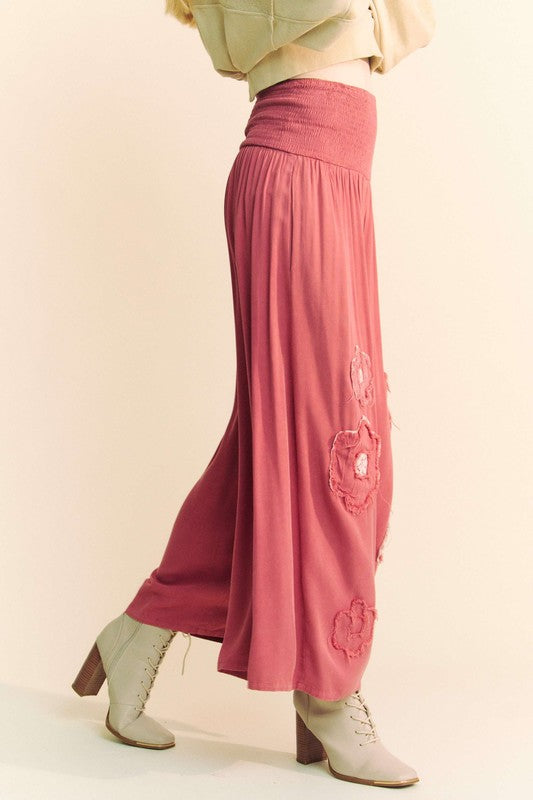 Smocked Waist Flower Patch Wide Leg Pants