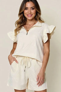 Trendsi double take texture flounce sleeve top and matching drawstring shorts two-piece set, stylish casual outfit, max.webp