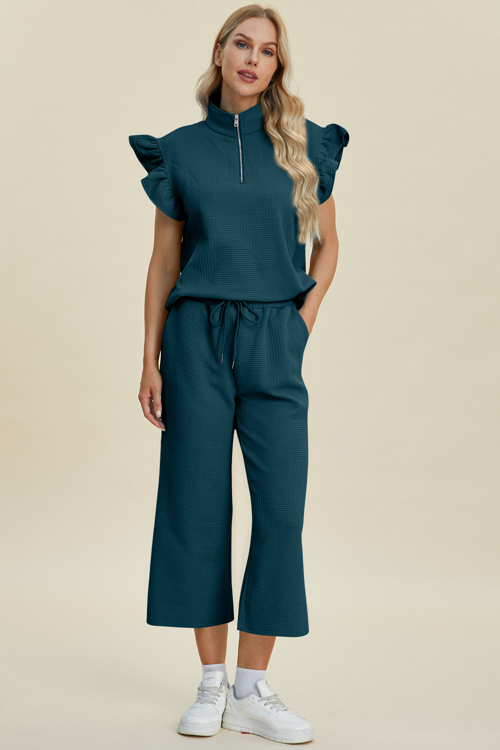 Double Take Texture Ruffle Short Sleeve Top and Wide Leg Pants Set