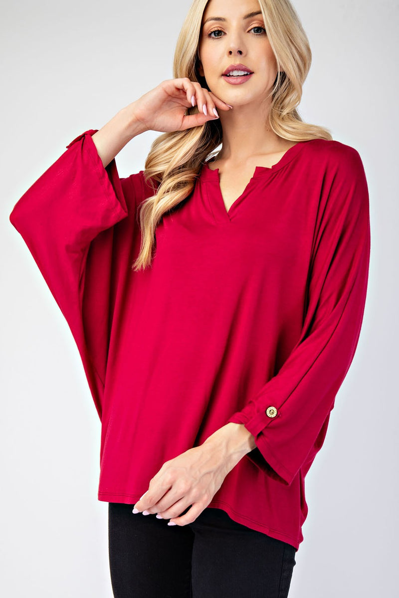 Notched Three-Quarter Sleeve Blouse