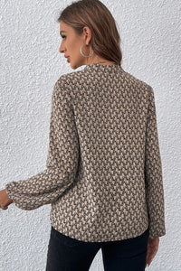 Khaki Geometric Print Notched Neck Long Sleeve Blouse