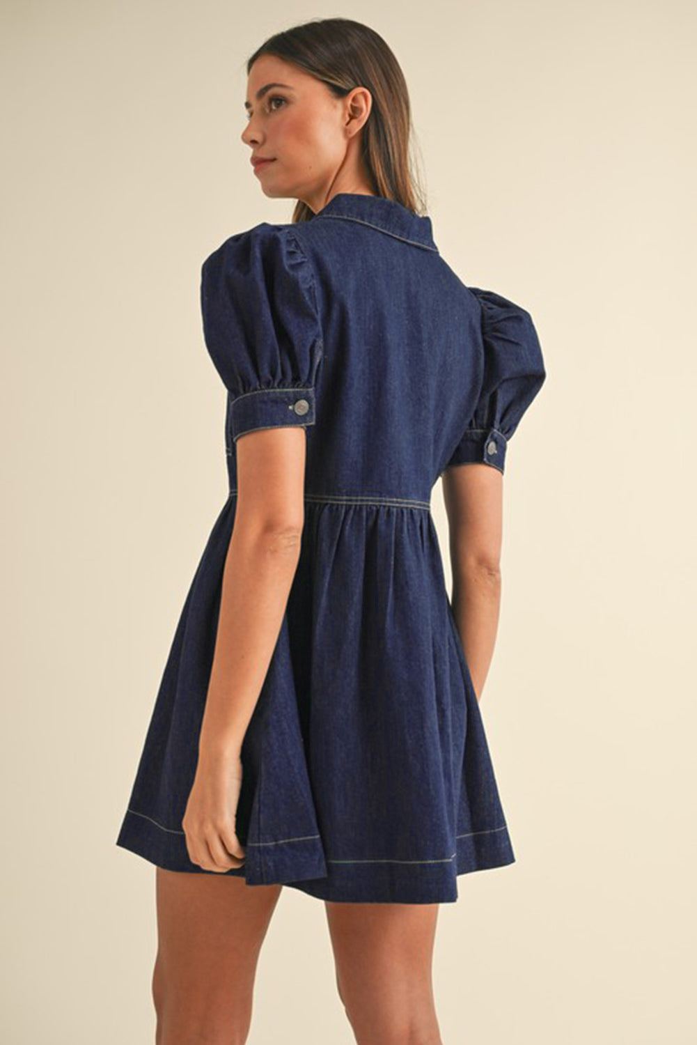 Dirty Blue Puff Sleeve Half Zipper Denim Flowy Dress