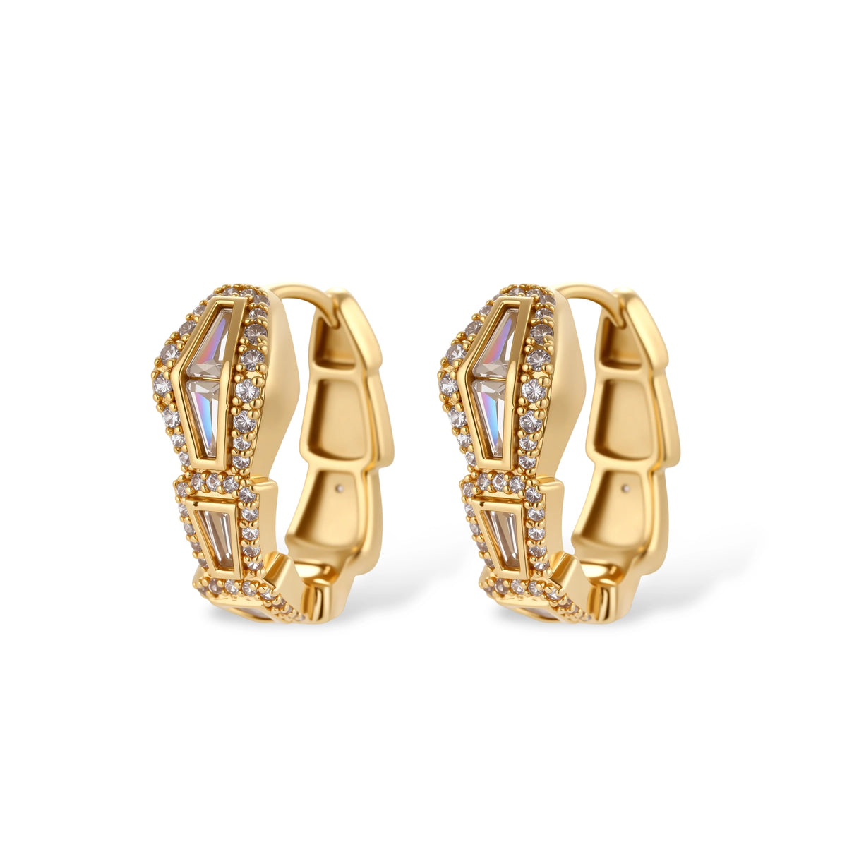 Gold-plated necklace with geometric diamond segments and matching huggie earrings featuring cubic zirconia details