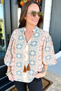 Khaki Geometric Print Tassel Tie Split Neck Balloon Sleeve Blouse