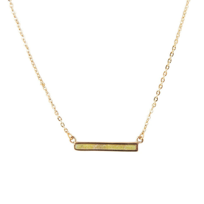 Dainty green aventurine bar necklace from Barse Jewelry, featuring a slim green gemstone pendant on a delicate chain.