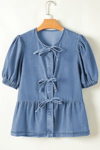 Dusk Blue Bow Tie Front Bubble Sleeve Peplum Denim Shirt