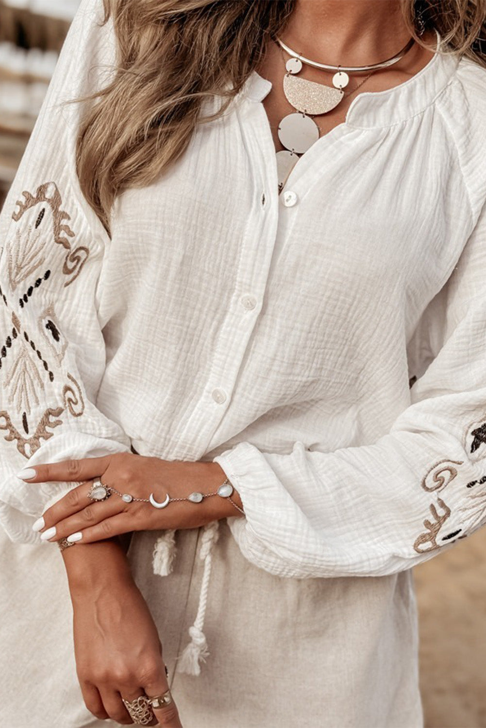 White Embroidered Sleeve Crinkle Boho Shirt