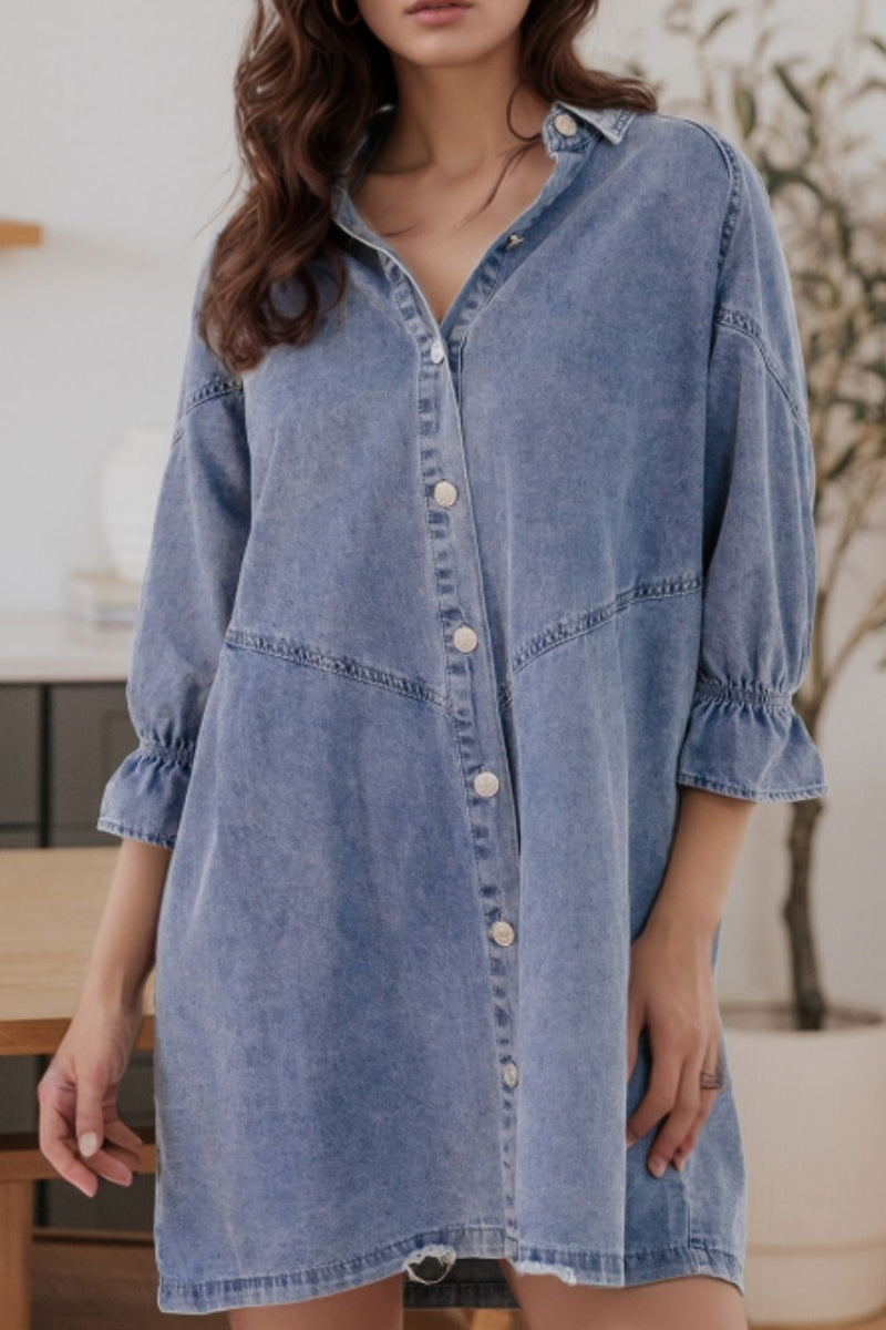 Distressed Collared Neck Flounce Sleeve Denim Dress