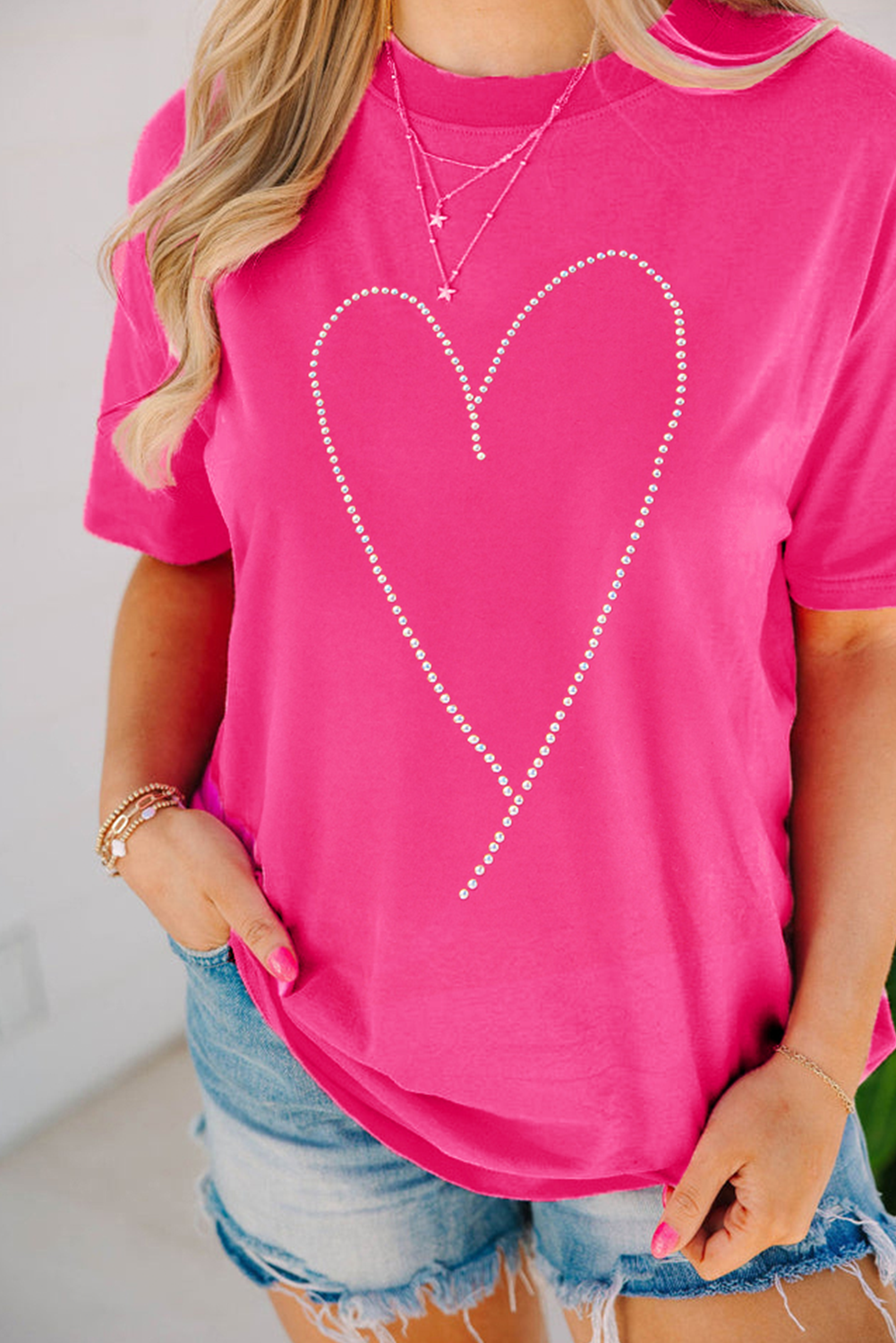 Rose Red Rhinestone Heart Graphic Crewneck Valentines Tee