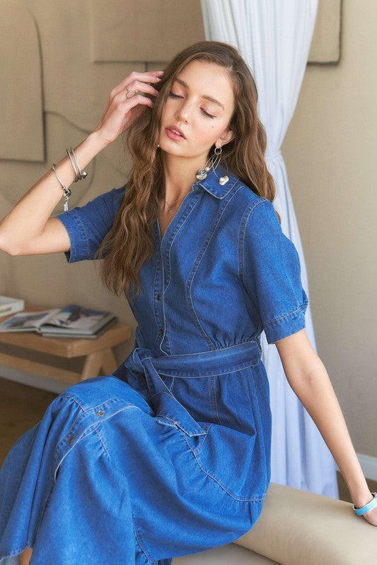 Tiered Button Down Tie Waist Short Sleeve Denim Dress