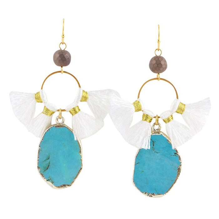 Turquoise magnesite dreamcatcher earrings by Barse Jewelry featuring intricate metalwork and dangling turquoise stones.
