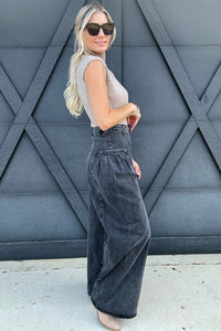 Dark Grey Pleated Wide Leg Mineral Wash Jeans