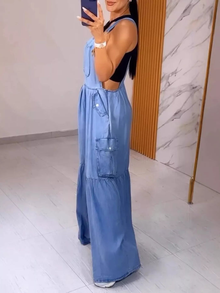Full size pocketed wide leg denim overalls by Trendsi, plus size jumpsuit with front pockets and relaxed fit.