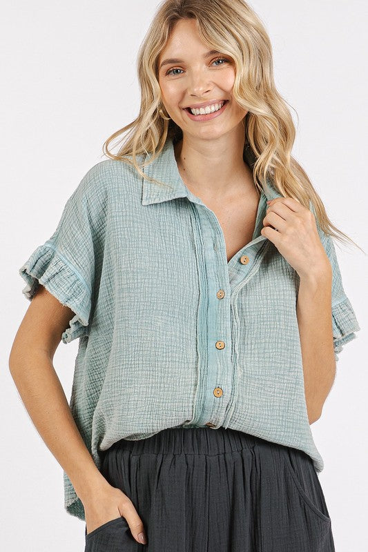 Mineral Washed Button Down Flounce Sleeve Shirt